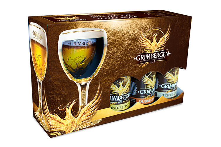 Biergeschenk Grimbergen Geschenkverpakking 3 flessen + glas van Grimbergen, op voorraad bij slijterij ’t Bockje in Bathmen