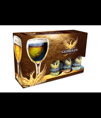 Grimbergen geschenkverpakking met drie flessen en het Feniks-glas, bij slijterij t Bockje in Bathmen