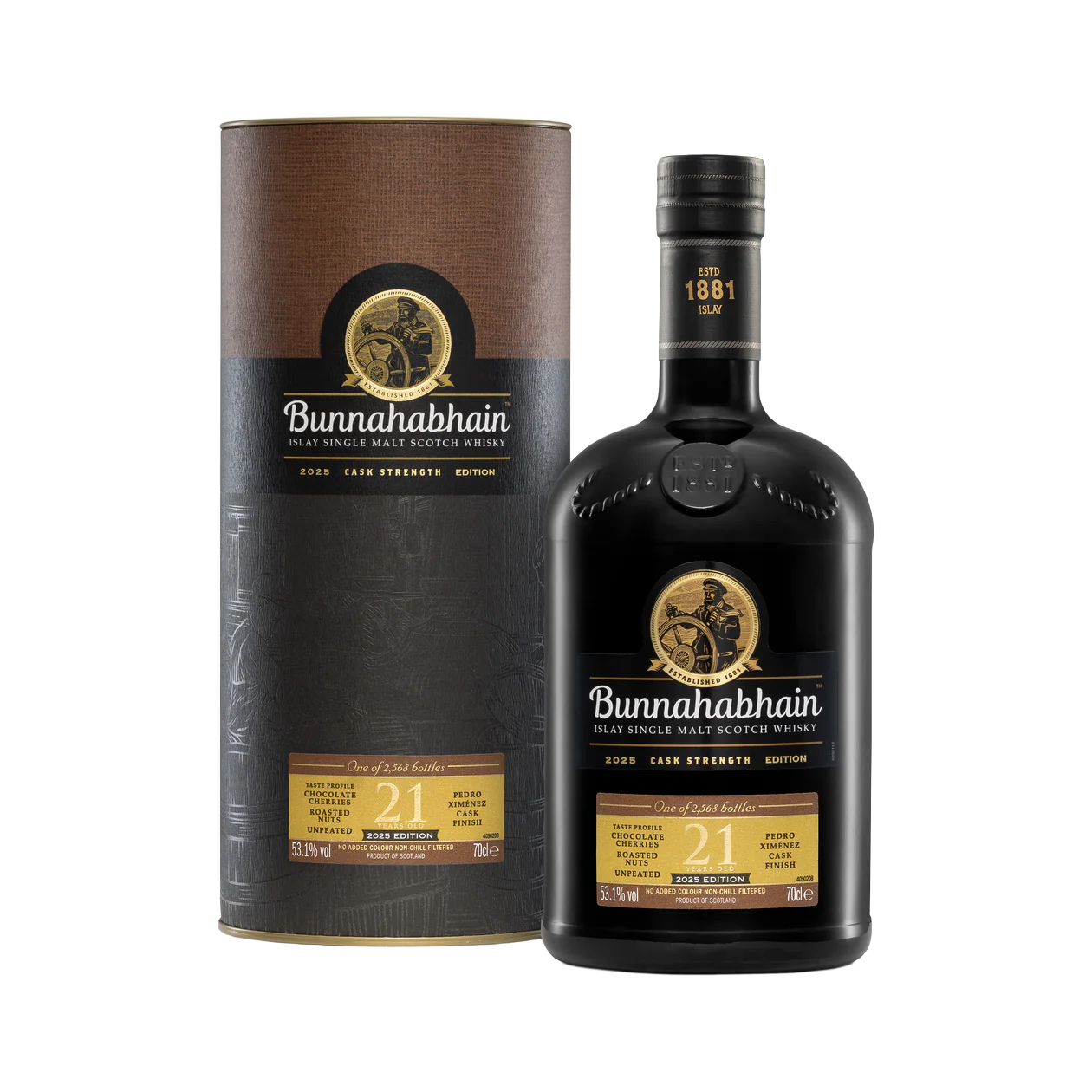 Fles Bunnahabhain 21 Years Old 2025 Cask Strength, single malt whisky, op voorraad bij slijterij t Bockje in Bathmen