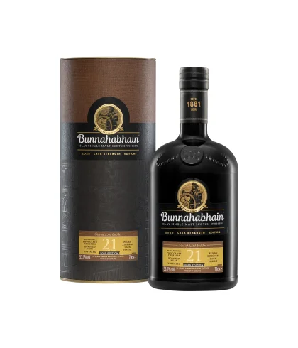 Fles Bunnahabhain 21 Years Old 2025 Cask Strength, single malt whisky, op voorraad bij slijterij t Bockje in Bathmen