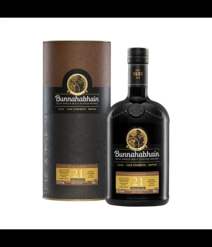 Fles Bunnahabhain 21 Years Old 2025 Cask Strength, single malt whisky, op voorraad bij slijterij t Bockje in Bathmen
