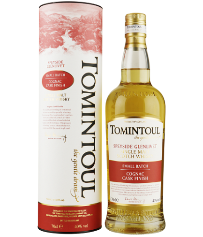 Fles Tomintoul Cognac Cask Finish, Speyside single malt whisky, op voorraad bij slijterij t Bockje in Bathmen