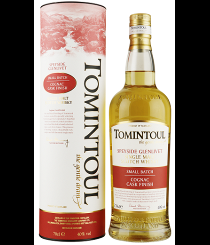 Fles Tomintoul Cognac Cask Finish, Speyside single malt whisky, op voorraad bij slijterij t Bockje in Bathmen