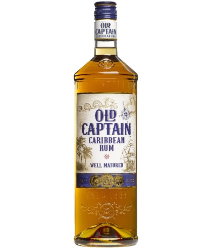 Fles Old Captain Rum Bruin, rum, op voorraad bij slijterij t Bockje in Bathmen