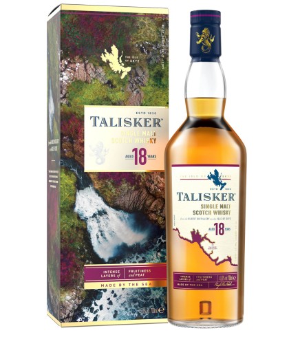 Fles Talisker 18 Years Old, single malt whisky van het eiland Skye, op voorraad bij slijterij t Bockje in Bathmen