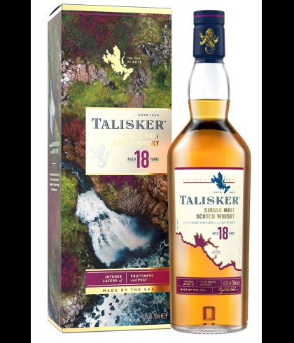 Fles Talisker 18 Years Old, single malt whisky van het eiland Skye, op voorraad bij slijterij t Bockje in Bathmen