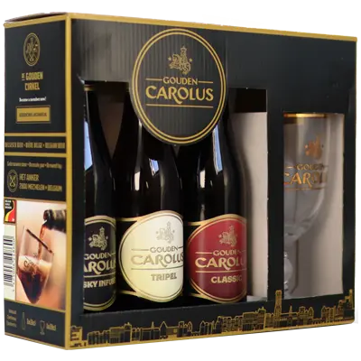 Fles Gouden Carolus Geschenkverpakking 3x33cl + glas, bier van Gouden Carolus, op voorraad bij slijterij ’t Bockje in Bathmen