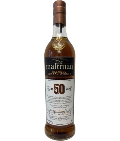 Fles The Maltman Blended Scotch 50 Years Old 1972, enkel vat gebotteld door The Maltman uit Glasgow, op voorraad bij slijterij t Bockje in Bathmen
