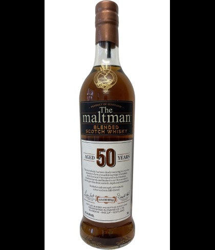 Fles The Maltman Blended Scotch 50 Years Old 1972, enkel vat gebotteld door The Maltman uit Glasgow, op voorraad bij slijterij t Bockje in Bathmen