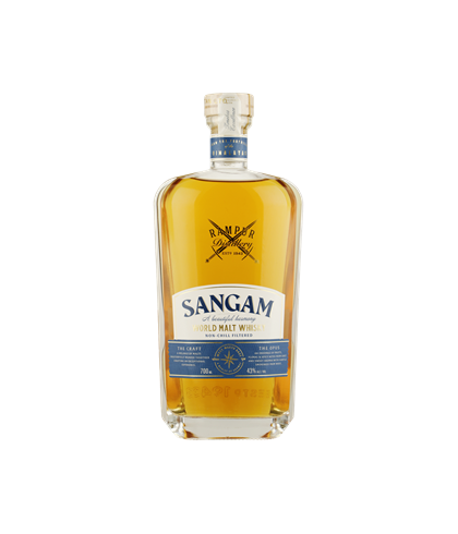 Fles Rampur Sangam World Malt, Indiase single malt whisky, op voorraad bij slijterij t Bockje in Bathmen