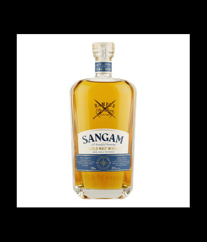 Fles Rampur Sangam World Malt, Indiase single malt whisky, op voorraad bij slijterij t Bockje in Bathmen