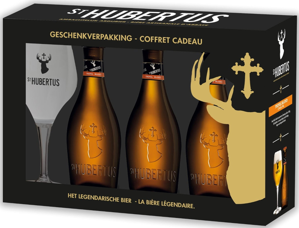 Fles St. Hubertus Geschenkverpakking, bier van St. Hubertus, bij slijterij t Bockje in Bathmen