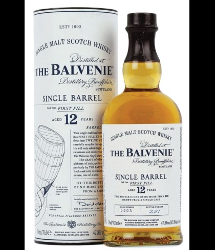 Fles The Balvenie 12 Years Old Single Barrel, single malt whisky, op voorraad bij slijterij t Bockje in Bathmen