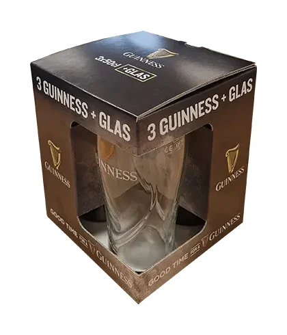 Guinness Draught proefpakket met drie blikken en een origineel pintglas, bij slijterij ’t Bockje in Bathmen