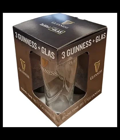 Guinness Draught proefpakket met drie blikken en een origineel pintglas, bij slijterij ’t Bockje in Bathmen