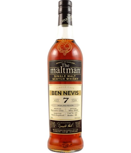 Fles The Maltman Ben Nevis 7Y 2014 #5555, single malt whisky, op voorraad bij slijterij t Bockje in Bathmen