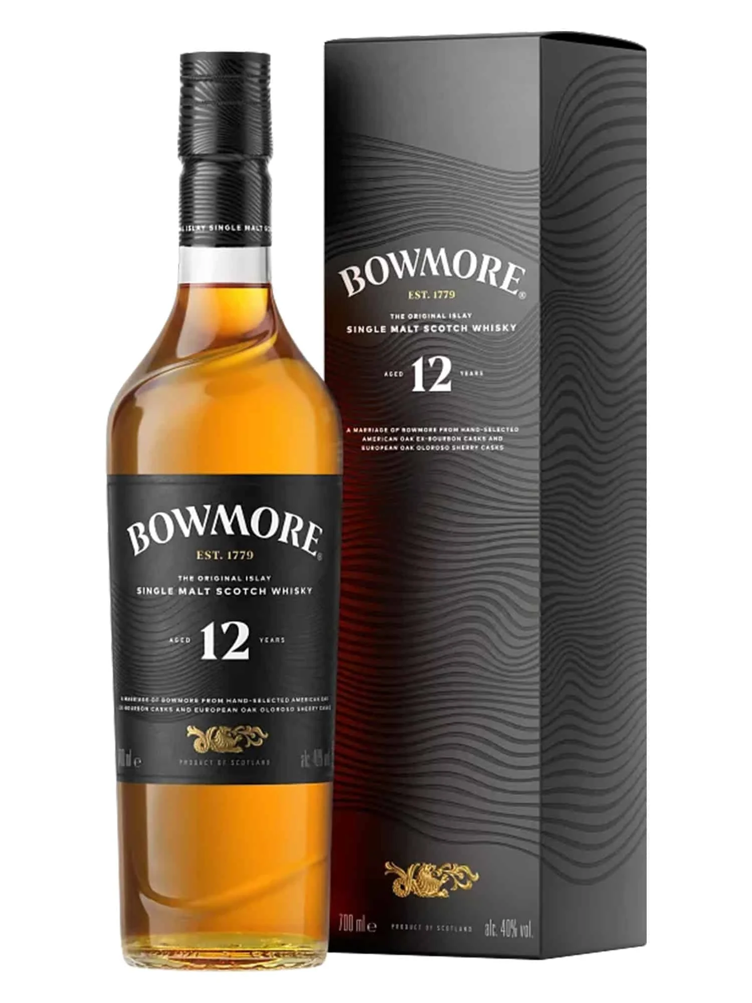 Fles Bowmore 12 Years Old, single malt whisky, op voorraad bij slijterij t Bockje in Bathmen