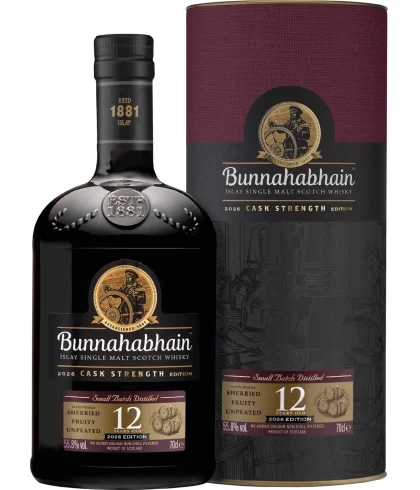 Bottiglia di Bunnahabhain 12Y Cask Strength Edition 2026, whisky