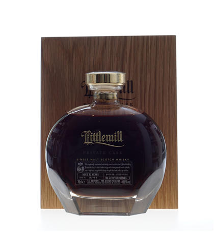 Fles Lowland single malt van de gesloten distilleerderij Littlemill, op voorraad bij slijterij t Bockje in Bathmen