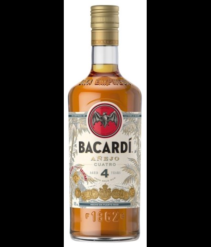 Fles Bacardi Anejo Cuatro, rum, bij slijterij t Bockje in Bathmen