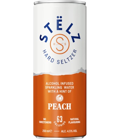 Stëlz Hard Seltzer Peach, op voorraad bij slijterij t Bockje in Bathmen