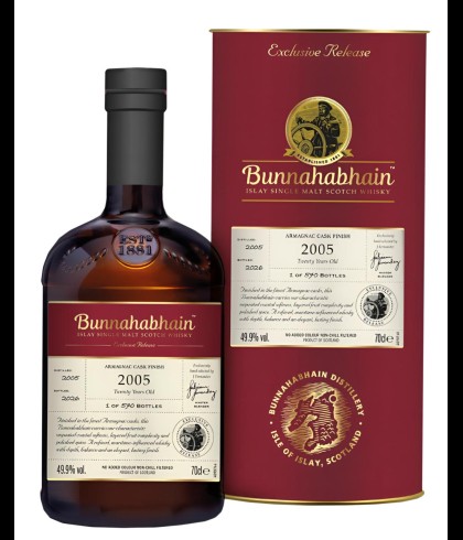 Fles Bunnahabhain 20Y 2005 Armagnac Cask Finish, whisky, op voorraad bij slijterij t Bockje in Bathmen