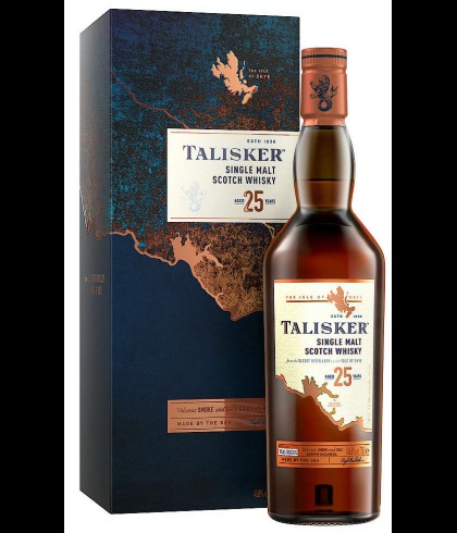 Fles Talisker 25 Years Old, single malt whisky van het eiland Skye, op voorraad bij slijterij t Bockje in Bathmen