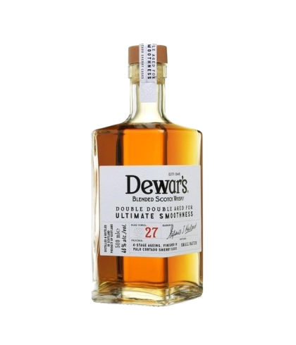 Fles Dewar’s 27 Years Old Double Double, single malt whisky, op voorraad bij slijterij t Bockje in Bathmen