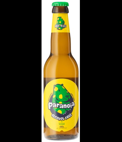 Flesje Paranoia Hazy Hoppy 0.0 van 33 centiliter, alcoholarm troebel blond bier van Brouwerij Huyghe, op voorraad bij slijterij t Bockje in Bathmen