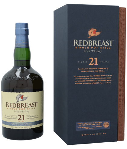 Fles Redbreast 21 Years Old, Ierse single pot still whiskey, op voorraad bij slijterij t Bockje in Bathmen
