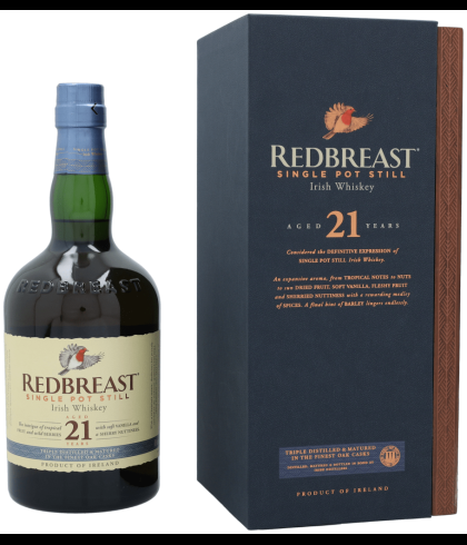 Fles Redbreast 21 Years Old, Ierse single pot still whiskey, op voorraad bij slijterij t Bockje in Bathmen