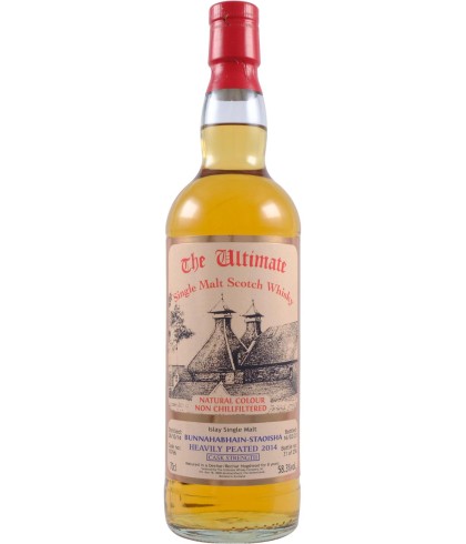 Fles The Ultimate Bunnahabhain Staoisha Heavily Peated 2014 Cask Strength, enkel vat gebotteld door The Ultimate uit Amersfoort, op voorraad bij slijterij t Bockje in Bathmen