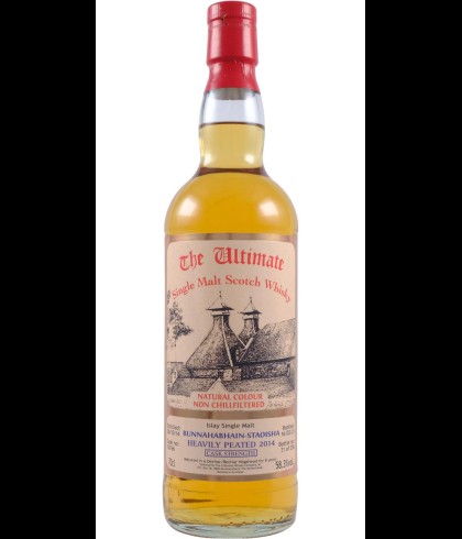 Fles The Ultimate Bunnahabhain Staoisha Heavily Peated 2014 Cask Strength, enkel vat gebotteld door The Ultimate uit Amersfoort, op voorraad bij slijterij t Bockje in Bathmen