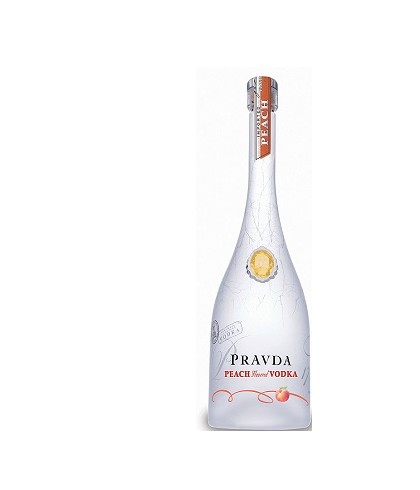 Fles Pravda Peach, wodka, op voorraad bij slijterij t Bockje in Bathmen