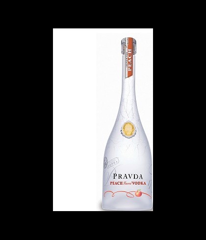 Fles Pravda Peach, wodka, op voorraad bij slijterij t Bockje in Bathmen