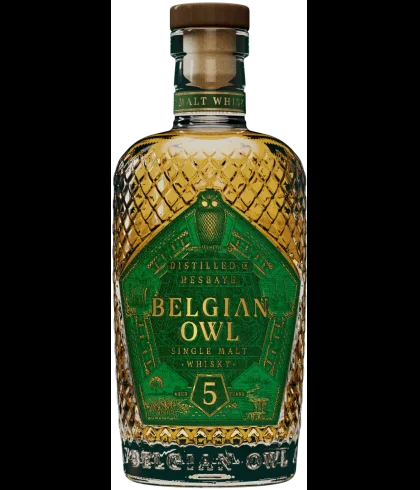 Fles Belgian Owl 5 Years Old, single malt whisky, op voorraad bij slijterij t Bockje in Bathmen
