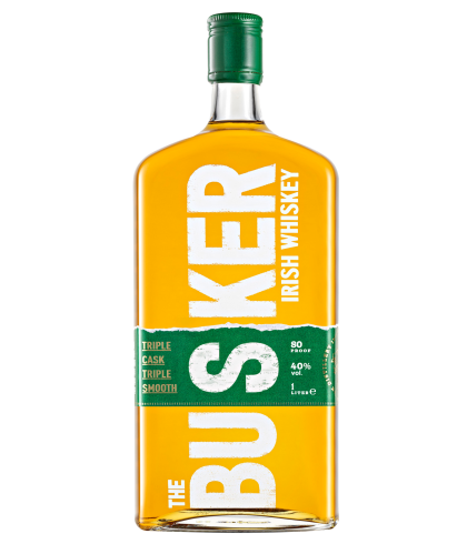 Fles The Busker Triple Cask 1 liter, Ierse whiskey van Royal Oak in County Carlow, op voorraad bij slijterij t Bockje in Bathmen