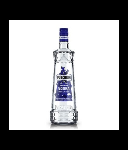 Fles Puschkin Vodka, wodka, bij slijterij t Bockje in Bathmen