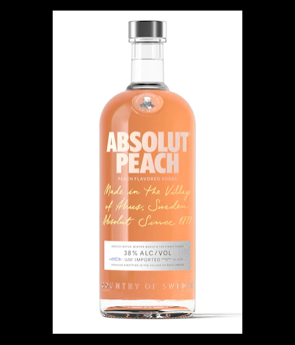 Fles Absolut Peach, wodka, op voorraad bij slijterij t Bockje in Bathmen