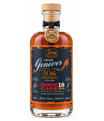 Fles Zuidam Oud Genever Oloroso 18Y - 50th anniversary, jenever van Zuidam, bij slijterij t Bockje in Bathmen