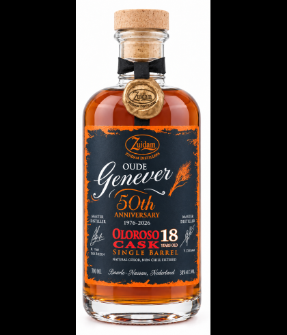 Fles Zuidam Oud Genever Oloroso 18Y - 50th anniversary, jenever van Zuidam, bij slijterij t Bockje in Bathmen