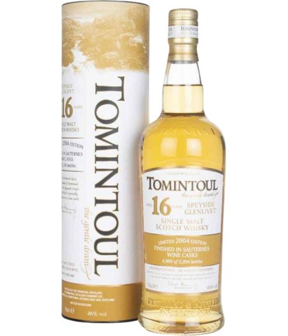 Fles Tomintoul 16 Years Old Sauternes Cask, Speyside single malt whisky, op voorraad bij slijterij t Bockje in Bathmen