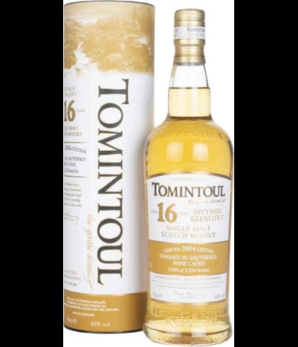 Fles Tomintoul 16 Years Old Sauternes Cask, Speyside single malt whisky, op voorraad bij slijterij t Bockje in Bathmen