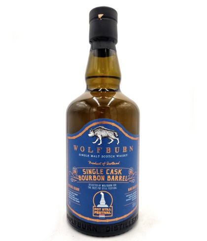 Fles Wolfburn 2016 Van Wees Pot Still Festival 2022, Schotse single malt whisky uit Thurso, op voorraad bij slijterij t Bockje in Bathmen