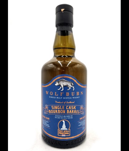 Fles Wolfburn 2016 Van Wees Pot Still Festival 2022, Schotse single malt whisky uit Thurso, op voorraad bij slijterij t Bockje in Bathmen
