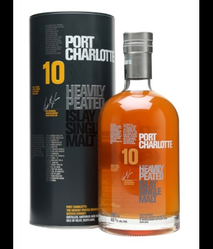 Fles Port Charlotte 10 Years Old, zwaar geturfde Islay single malt, op voorraad bij slijterij t Bockje in Bathmen