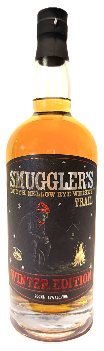 Fles Zuidam Smugglers Trail Winter Edition Dutch Mellow Rye, Nederlandse whisky van Zuidam Distillers, op voorraad bij slijterij t Bockje in Bathmen