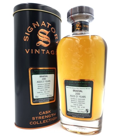 Fles SIGNATORY BRAEVAL 2000 CASK STRENGTH 21y, enkel vat gebotteld door Signatory Vintage, op voorraad bij slijterij t Bockje in Bathmen