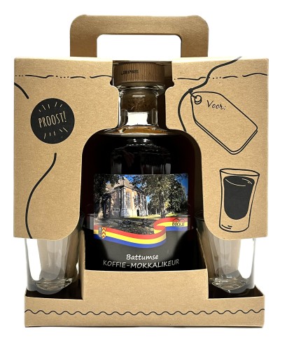 Geschenk Battumse Koffie-Mokkalikeur Geschenkverpakking met 2 Shotglaasjes, bij slijterij ’t Bockje in Bathmen