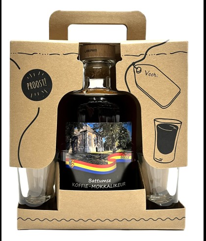 Geschenk Battumse Koffie-Mokkalikeur Geschenkverpakking met 2 Shotglaasjes, bij slijterij ’t Bockje in Bathmen